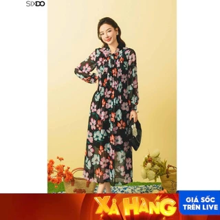 Đầm suông hoa chiffon cổ thắt nơ SIXDO (Black Floral Chiffon Loose Dress)