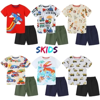 Bộ cộc tay bé trai SKIDS quần áo trẻ em mùa hè ngắn tay cotton họa tiết oto khủng long đáng yêu