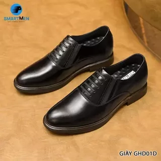 Giày Tăng chiều cao da bò nam SmartMen GHD-01 Đen (Không cần buộc dây)
