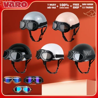 Combo Mũ Bảo Hiểm Nửa Đầu VARO Trơn Kèm Kính Phi Công vintage - Nón Bảo Hiểm Phượt 1/2 Đầu Có Kính