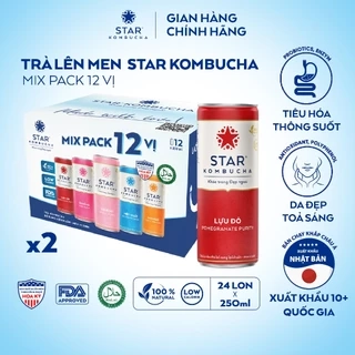 Combo 2 thùng 12 lon trà lên men STAR KOMBUCHA hữu cơ mix vị (250ml/lon)