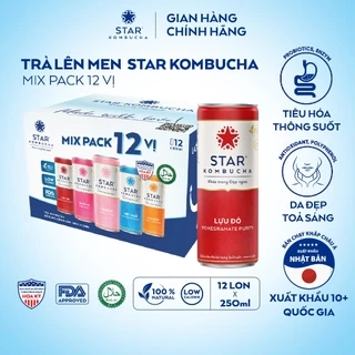 Thùng 12 lon trà lên men Star Kombucha mix 12 vị (250ml/lon)