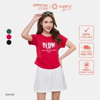 Áo phông nữ SUNFLY chất cotton compact dáng xếp ly eo cộc tay SFA1039