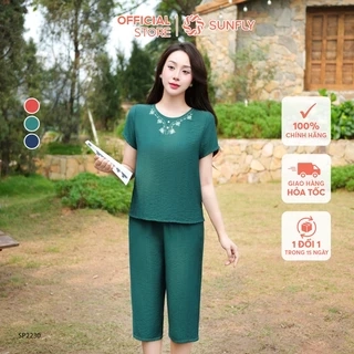 Đồ bộ mặc nhà nữ linen SUNFLY áo cộc quần ngố SP2230