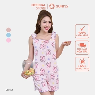 Đồ bộ mặc nhà nữ SUNFLY chất lanh lụa họa tiết áo cộc quần ngố SP2187