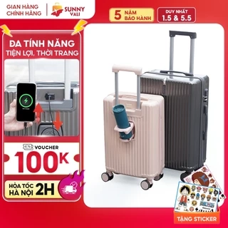 Vali du lịch SUNNY-SV09 Plus, vali kéo size 20/24,tích hợp cổng sạc USB, khay đựng cốc, móc treo đồ