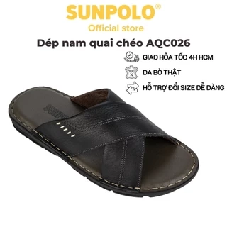 Dép Nam Quai Chéo Da Bò SUNPOLO AQC026 Đen Có Big size 44 45