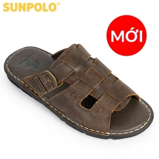 Dép Nam Quai Ngang Da Bò Cao Cấp SUNPOLO AQN022 Phiên Bản Nâu Đặc Biệt