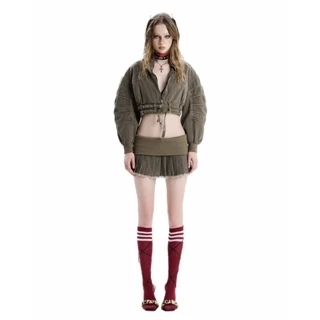 SG.S Cropped Bomber Khaki Jacket -  Áo khoác dài tay croptop  có dây kéo và bo chun phần thắt eo