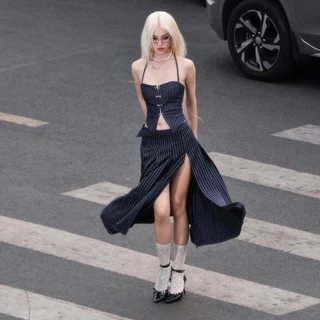 Sizzle Striped Split Thigh Skirt - Chân váy sọc midi xếp ly xẻ đùi