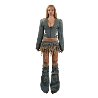 TATICHU - POP Distressed Layered Denim Mini Skirt - Chân váy jeans tầng xếp ly washed tua rua