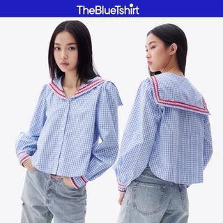 TheBlueTshirt - Áo kiểu kẻ sọc caro cổ thuỷ thủ viền ren zigzag cho nữ - School Girl Shirt - Women