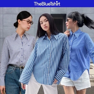 TheBlueTshirt - Áo sơ mi sọc xanh tay dài măng sét to vạt bầu cho nữ - Sydney Oversize Shirt - Women