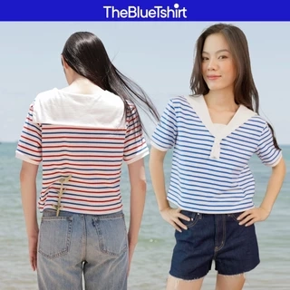 TheBlueTshirt - Áo thun sọc cổ V viền trắng thắt nơ cho nữ - Sailor T - Women