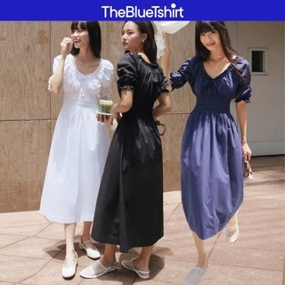 TheBlueTshirt - Đầm tay phồng cổ chữ V nhún eo cho nữ - Country Dress - Women