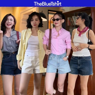 TheBlueTshirt - Quần shorts jean lưng cao lai tưa cho nữ - Golden Hour Shorts - Women
