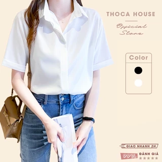 Áo sơ mi công sở nữ trắng, đen săn tay ngắn giấu nút THOCA HOUSE vải lụa thoải mái, mát mẻ