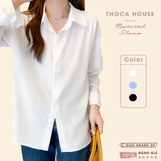 Áo sơ mi form rộng nữ tay dài vải mịn trơn THOCA HOUSE thanh lịch, thời thượng, phối đồ thường ngày