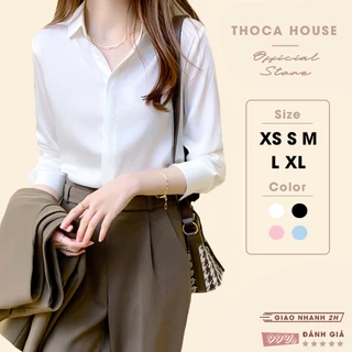 Áo sơ mi nữ dài tay trắng, đen dáng suông giấu nút THOCA HOUSE sơ mi công sở vải lụa chéo mềm mịn