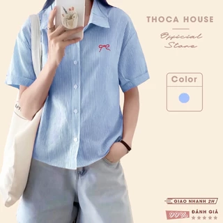 Áo sơ mi nữ tay ngắn sọc nơ thêu săn tay THOCA HOUSE trẻ trung, sơ mi Hàn Quốc cực xinh