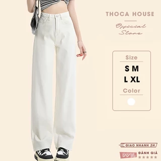 Quần jean nữ ống suông đứng trơn kaki trắng THOCA HOUSE thời thượng, sành điệu