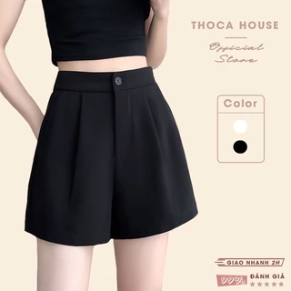 Quần short nữ lưng thun chất đũi ống rộng trơn đen, trắng THOCA HOUSE quần ngắn freesize dáng Hàn