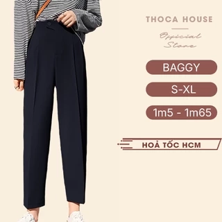 Quần tây nữ baggy công sở lưng thun nút lệch THOCA HOUSE trơn đen, quần baggy nữ chuẩn form tôn chân