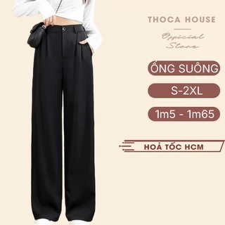 Quần tây nữ ống suông lưng thun sau trơn đen THOCA HOUSE quần ống rộng tôn dáng thoải mái công sở