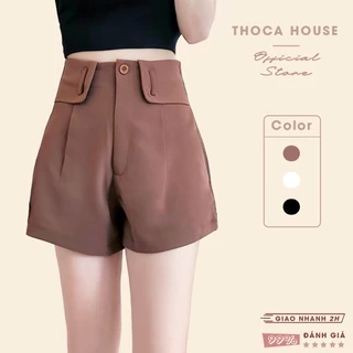 XẢ HÀNG - Quần short nữ tây lưng cao trơn đai kiểu THOCA HOUSE có size, dáng Hàn chuẩn xinh phối đồ