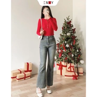 Quần Jean Ống Loe Nữ Thêu Thỏ Màu Đậm Dễ Phối Đồ ENVY J151