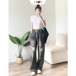 Quần Jean Ống Rộng Phối Rách Lưng Thun (trên 100cm) Freesize J159