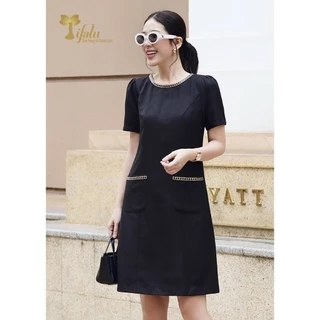 Đầm suông A bigsize cao cấp TIFALU  Zol325BLK màu đen viền da thanh lịch