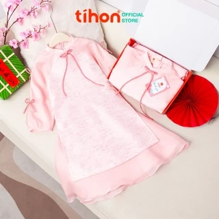 Áo dài cho bé gái TIHON cao cấp gấm phối tơ mềm mại đính nơ siêu dễ thương SET0786011