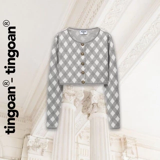 TINGOAN®  - Áo cardigan set len xù crop kẻ quả trám có quây xám tingoan LOVE YOU BACK CARDIGAN/GR PHIÊN BẢN MỚI t6.2024