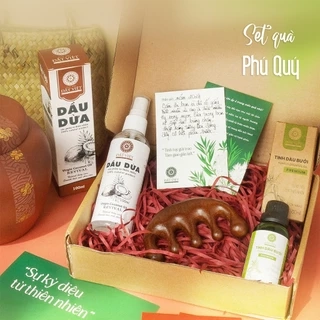 Set quà tặng phụ nữ "Phú Quý" - Dầu dừa ép lạnh, Tinh dầu bưởi Đất Việt, Lược gỗ đàn hương massage