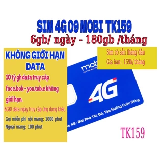 Sim 4G mobifone tk159, mxh100 10 tỷ gb xem you.tu.be, fa.book, tik.tok, đầu số 09