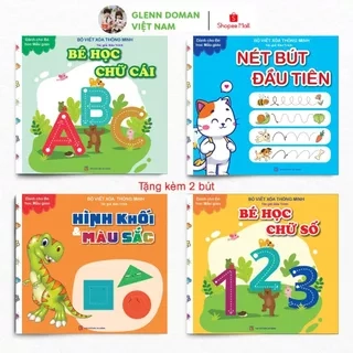 Sách Cho Bé - Bộ 4 Cuốn Viết Xóa Thông Minh: Chữ Cái, Chữ Số, Nét Bút Đầu Tiên, Hình Khối và Màu Sắc - Tặng Kèm 2 Bút