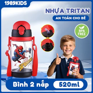 Bình uống nước cho bé 1989KIDS chất liệu tritan an toàn cho bé,Bình nước siêu nhân elsa cho trẻ em 2 nắp tiện lợi