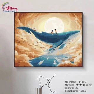 Tranh số hóa Gam trừu tượng cá voi xanh có khung 40x50cm TT4105