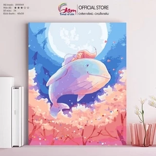 Tranh Tô Màu Số Hoá GAM Cá Voi Hồng Và Em Bé Đã Căng Khung 40x50cm DV0949