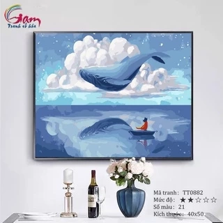 Tranh tô màu theo số trừu tượng cá voi xanh căng khung 40x50cm TT0882