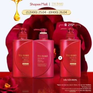 Bộ đôi gội xả Dưỡng tóc bóng mượt Premium Moist Tsubaki (490ml/chai)