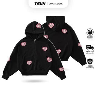 Áo Khoác Nỉ Hoodie Zip Đen Thêu Trái Tim Brand TSUN Chính Hãng Lovely UNISEX, Oversize, Streetwear