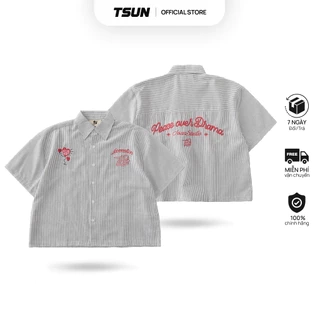 Áo Sơ Mi Trái Tim Thêu, Sọc Đen Trắng - Brand TSUN Chính Hãng - Lovemotion Shirt - Uniex, Vải Oxford