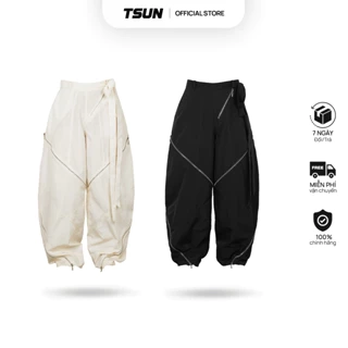 Quần Dài Dù Phối Dây Kéo Kim Loại - Màu Kem và Đen - Brand TSUN Chính Hãng [UNISEX] Form Ống Rộng