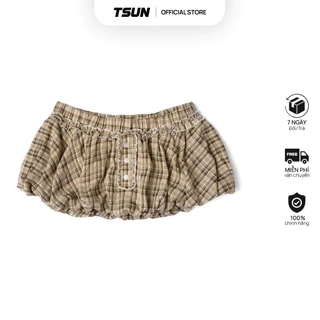 Váy Ngắn Caro Bí Màu Nâu Vàng Dáng Phồng Brand TSUN Chính Hãng [Có Quần Bảo Hộ] Váy Nữ, Mini Skirt