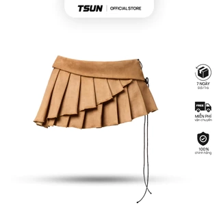 Váy Ngắn Nữ Xếp Ly Vải Da Lộn Màu Nâu - Brand TSUN Chính Hãng - Pleated Leather Mini Skirt