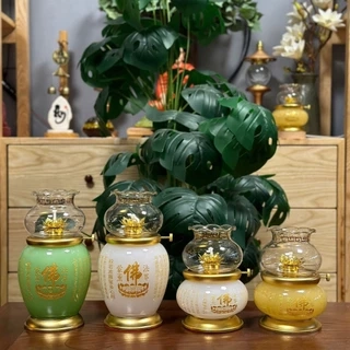 Đèn Dầu Tâm Kinh Chữ Phật, Bình Ngọc Cao 15 - 19cm, Màu Trắng, Xanh, Vàng, Tặng Đèn Chiếu Sáng - Tuệ Nga