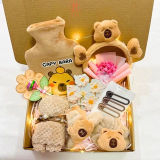 Combo quà tặng túi chườm bụng Capybara 400ml Puha có hoa, băng đô, kẹp tóc, tất, dễ thương cute