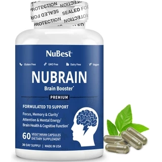 Viên Uống Bổ Não NuBrain của Mỹ Hỗ Trợ Tăng Cường Tuần Hoàn Não với Ginkgo Biloba, Bacopa, Vitamin B6 - 60 Viên